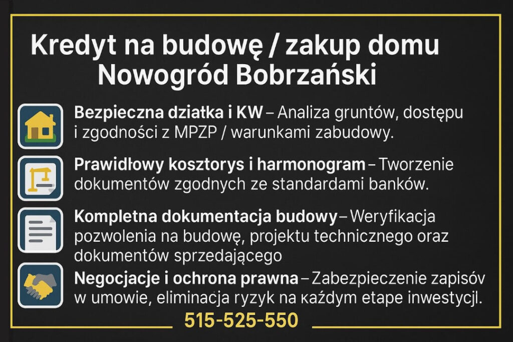 Grafika prezentująca etapy bezpiecznego kredytu hipotecznego Nowogród Bobrzański na budowę lub zakup domu. Zawiera informacje o analizie działki, poprawnym kosztorysie, kompletnej dokumentacji budowy oraz negocjacjach prawnych, wraz z numerem telefonu 515-525-550.