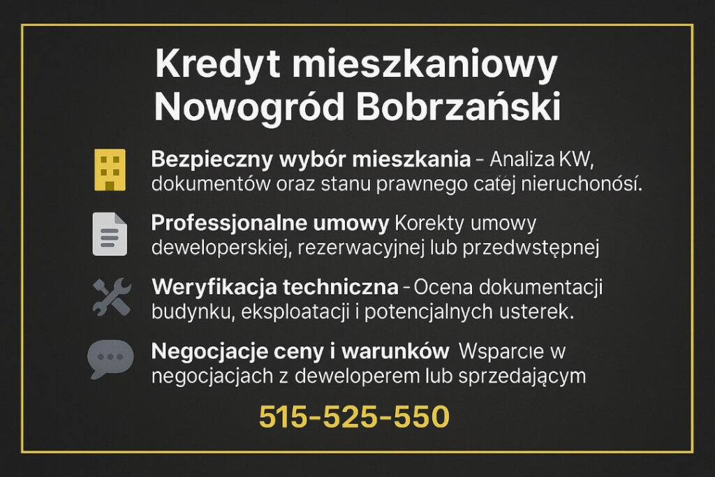 Infografika dotycząca procesu kredytu przy zakupie mieszkania. Obejmuje analizę KW, korekty umów, weryfikację techniczną nieruchomości oraz wsparcie w negocjacjach ceny i warunków zakupu. Widoczny numer kontaktowy 515-525-550.