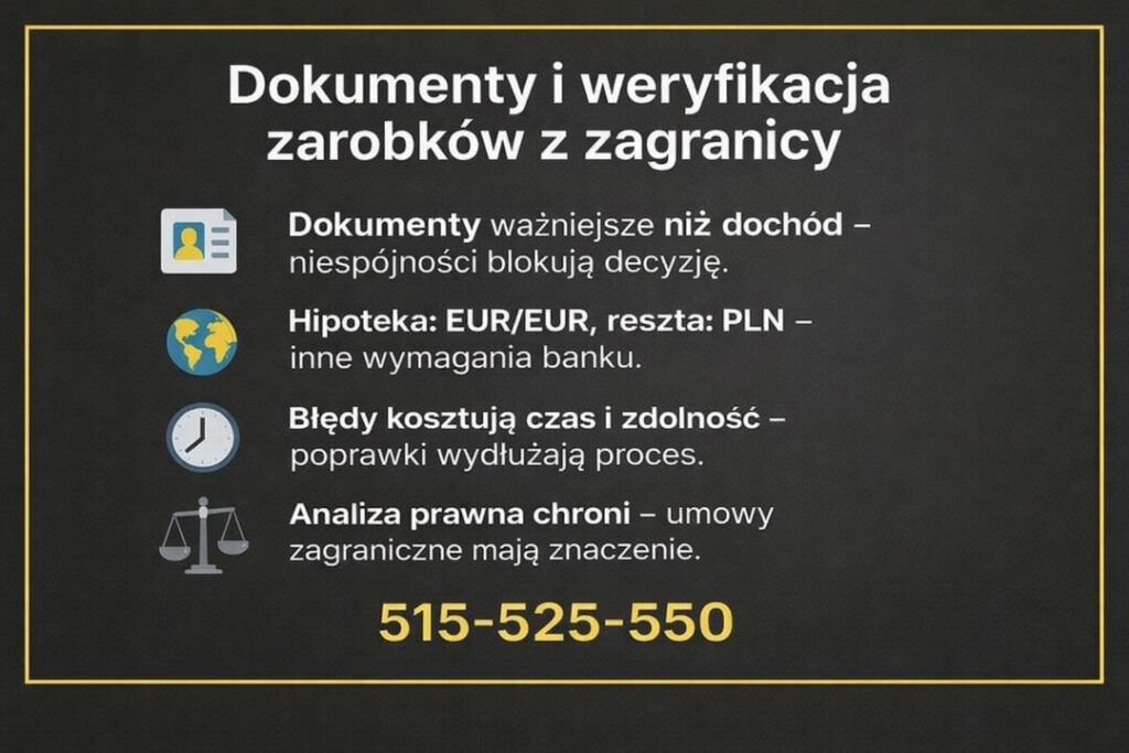 Kredyt dla pracujących za granicą wymaga poprawnej dokumentacji i weryfikacji zagranicznych dochodów. Spójne umowy, właściwa waluta kredytu oraz analiza prawna dokumentów zwiększają szanse na pozytywną decyzję banku.