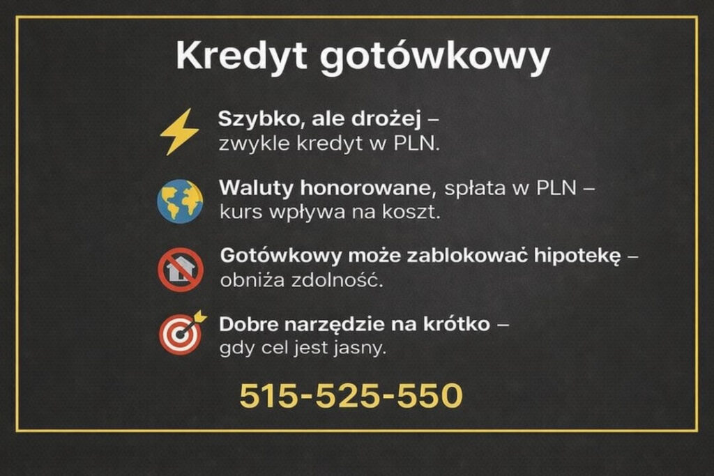 Kredyt dla osób pracujących poza Polską w formie kredytu gotówkowego w PLN. Dochody zagraniczne honorowane przez bank, ale spłata zależna od kursu walut. Rozwiązanie krótkoterminowe, które może wpływać na przyszłą zdolność hipoteczną.