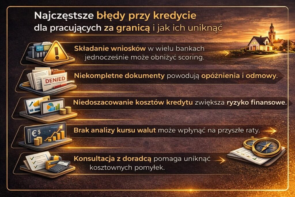 Infografika przedstawiająca najczęstsze błędy przy wnioskowaniu o kredyt dla pracujących za granicą. Grafika pokazuje problemy takie jak składanie wniosków w wielu bankach, niekompletne dokumenty, brak analizy kursów walut oraz niedoszacowanie kosztów kredytu hipotecznego.