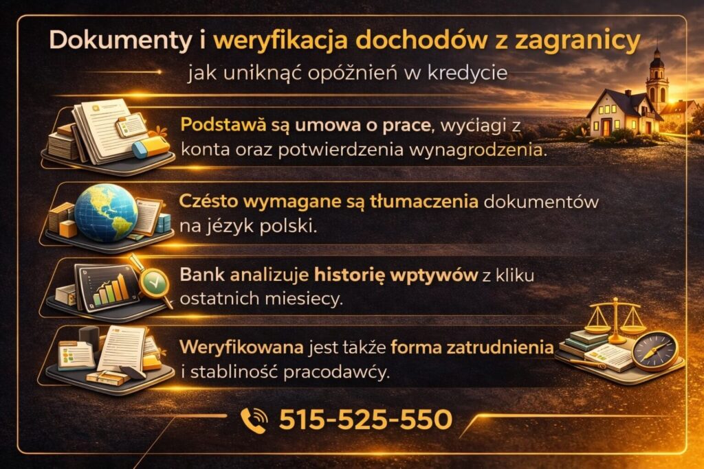 Infografika wyjaśniająca, jakie dokumenty są potrzebne do uzyskania kredytu hipotecznego przy dochodach z zagranicy. Grafika pokazuje umowę o pracę, wyciągi bankowe, historię wpływów oraz wymagane tłumaczenia dokumentów finansowych.