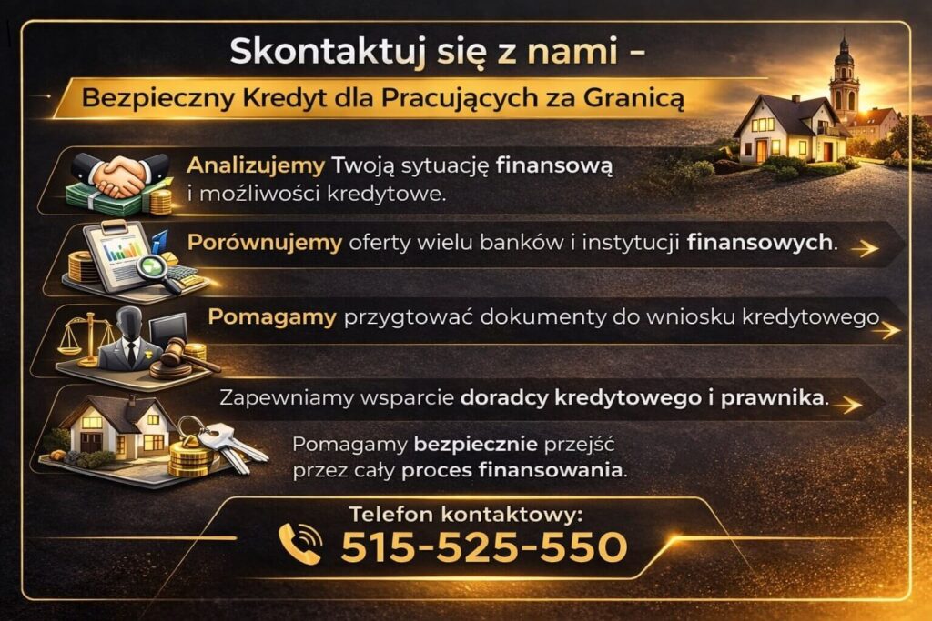 Infografika promująca wsparcie eksperta przy uzyskaniu kredytu dla pracujących za granicą. Grafika pokazuje analizę sytuacji finansowej klienta, porównanie ofert banków, pomoc w przygotowaniu dokumentów kredytowych oraz wsparcie doradcy kredytowego i prawnika.