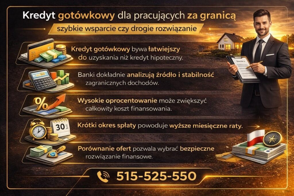 Infografika wyjaśniająca, kiedy kredyt gotówkowy może być alternatywą dla kredytu dla pracujących za granicą. Grafika przedstawia analizę dochodów zagranicznych, wpływ oprocentowania, długość okresu spłaty oraz znaczenie porównania ofert finansowych.