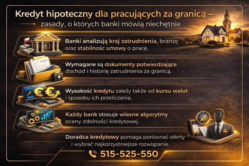 Infografika przedstawiająca zasady uzyskania kredytu hipotecznego w Polsce dla osób pracujących za granicą. Grafika pokazuje analizę kraju zatrudnienia, wymagane dokumenty potwierdzające dochody zagraniczne oraz znaczenie kursów walut przy ocenie zdolności kredytowej.