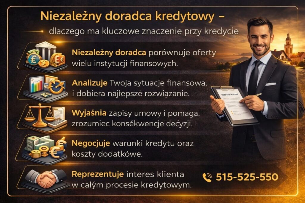 Infografika prezentująca rolę eksperta finansowego przy wyborze kredytu dla pracujących za granicą. Grafika pokazuje analizę ofert banków, negocjowanie warunków kredytu hipotecznego, interpretację zapisów umowy oraz reprezentowanie interesów klienta.