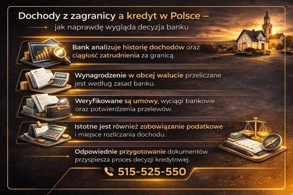 Infografika wyjaśniająca proces oceny dochodów zagranicznych przy kredycie hipotecznym dla Polaków pracujących poza krajem. Grafika pokazuje analizę historii dochodów, weryfikację dokumentów finansowych oraz znaczenie przygotowania dokumentacji.