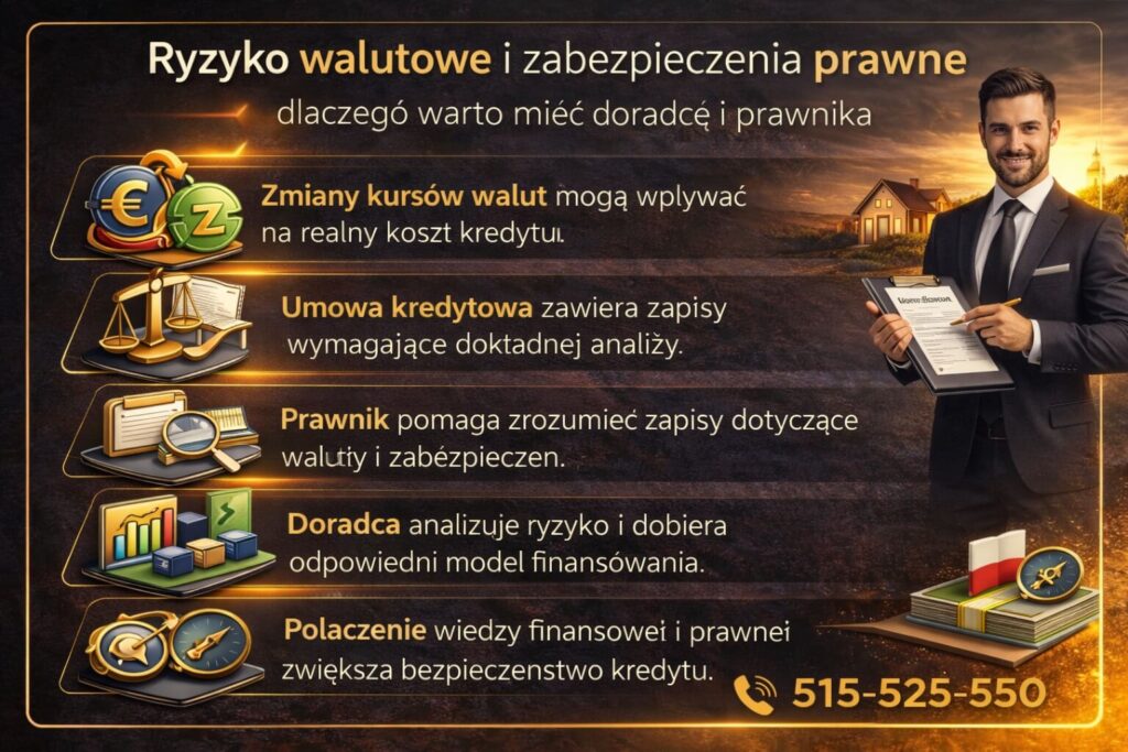Infografika prezentująca ryzyko walutowe przy kredycie hipotecznym dla osób z dochodami zagranicznymi. Grafika pokazuje wpływ kursów walut, analizę zapisów umowy kredytowej oraz rolę doradcy kredytowego i prawnika w zabezpieczeniu klienta.