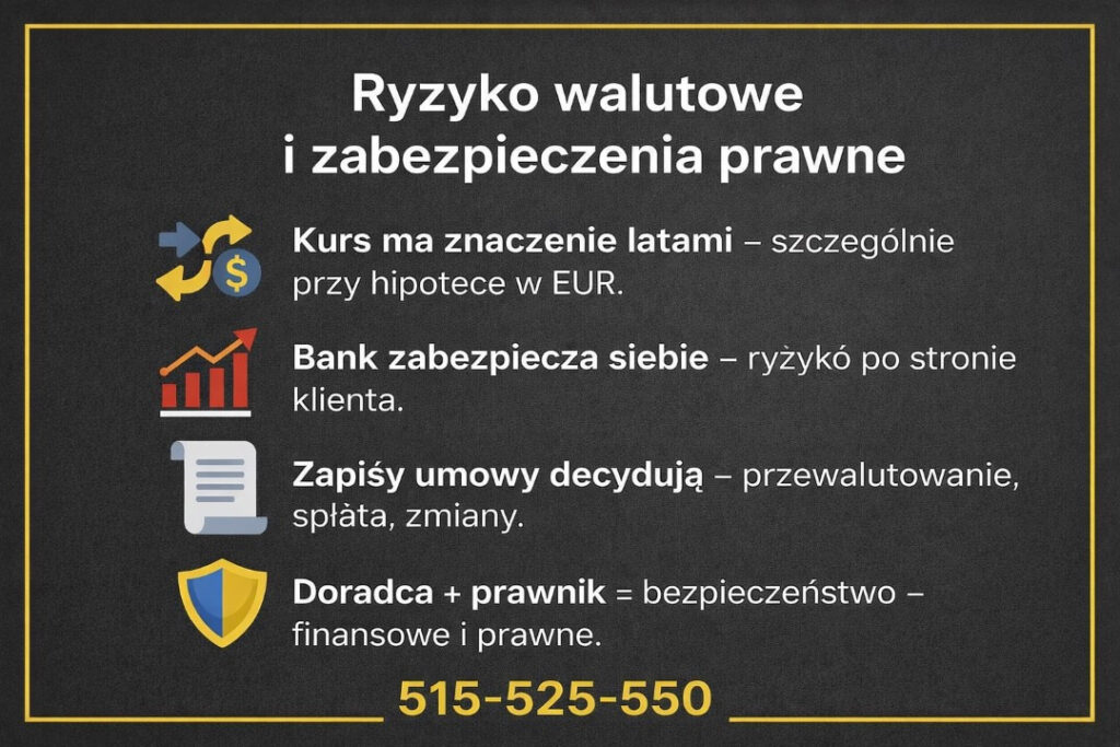 Finansowanie z uwzględnieniem ryzyka walutowego i zabezpieczeń prawnych. Kurs waluty ma znaczenie przy hipotece w EUR, a zapisy umowy kredytowej decydują o bezpieczeństwie finansowym klienta.