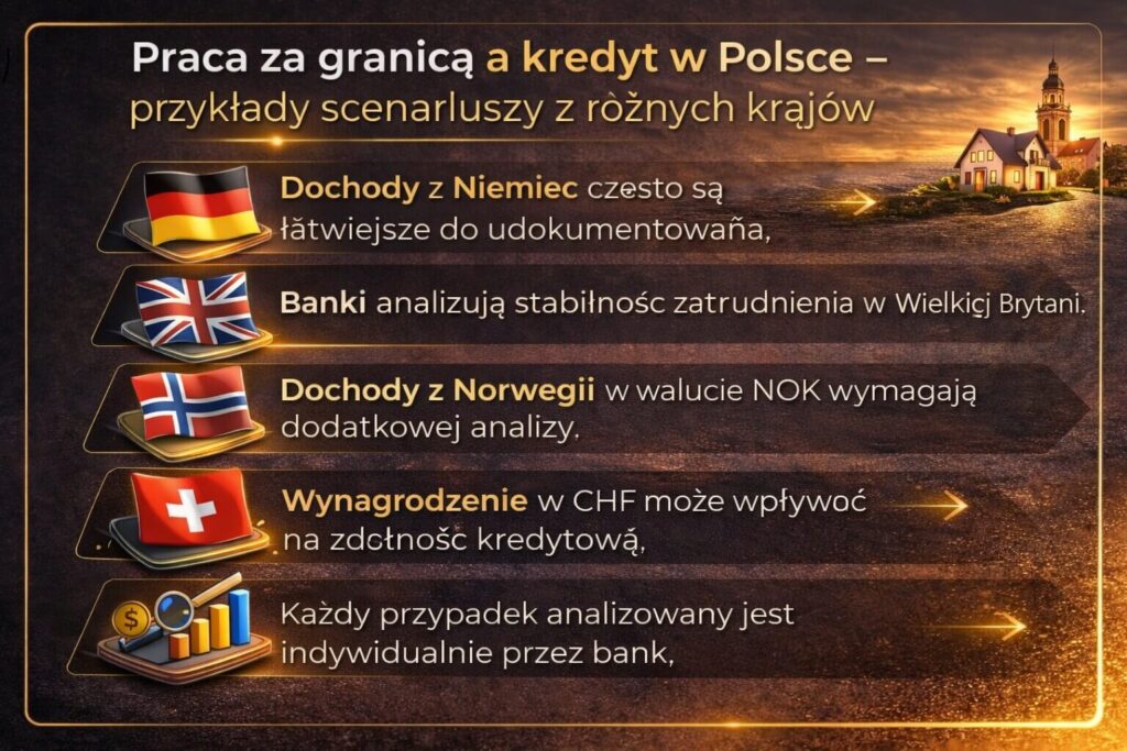 Infografika pokazująca przykładowe scenariusze uzyskania kredytu dla pracujących za granicą w zależności od kraju zatrudnienia. Grafika prezentuje dochody z Niemiec, Wielkiej Brytanii, Norwegii oraz Szwajcarii i ich wpływ na zdolność kredytową w polskich bankach.