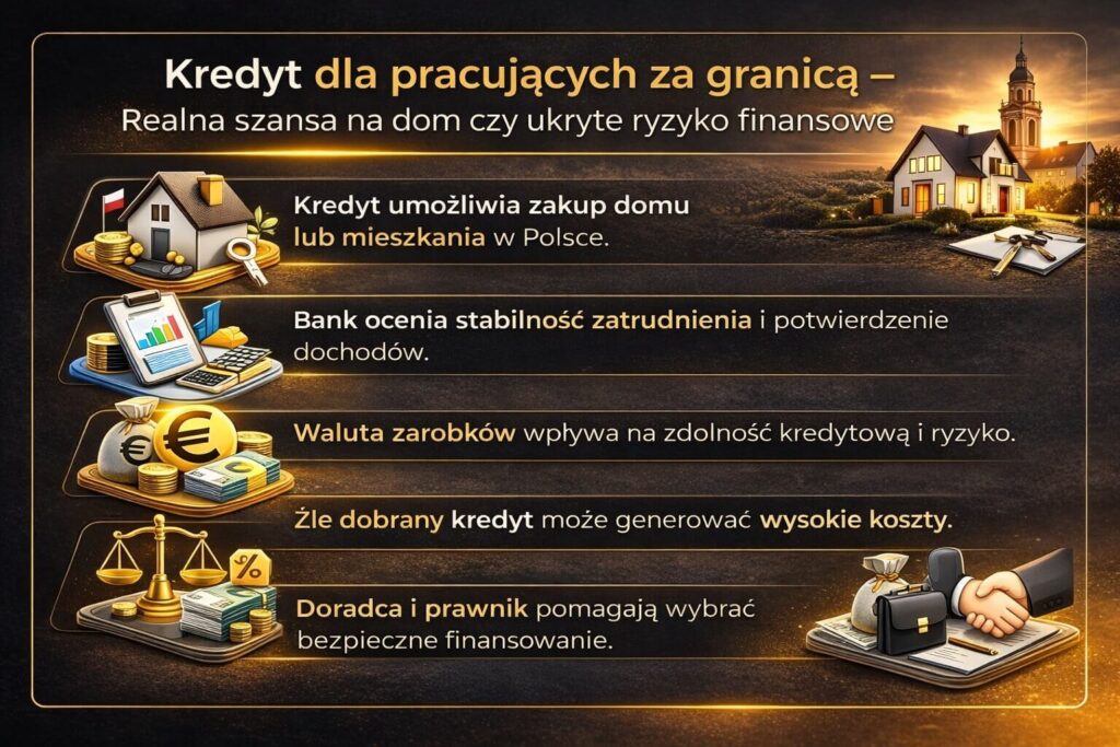 Infografika przedstawiająca możliwości, jakie daje kredyt dla pracujących za granicą przy zakupie mieszkania lub domu w Polsce. Grafika pokazuje wpływ stabilności zatrudnienia, waluty dochodów oraz znaczenie wsparcia doradcy kredytowego i prawnika.