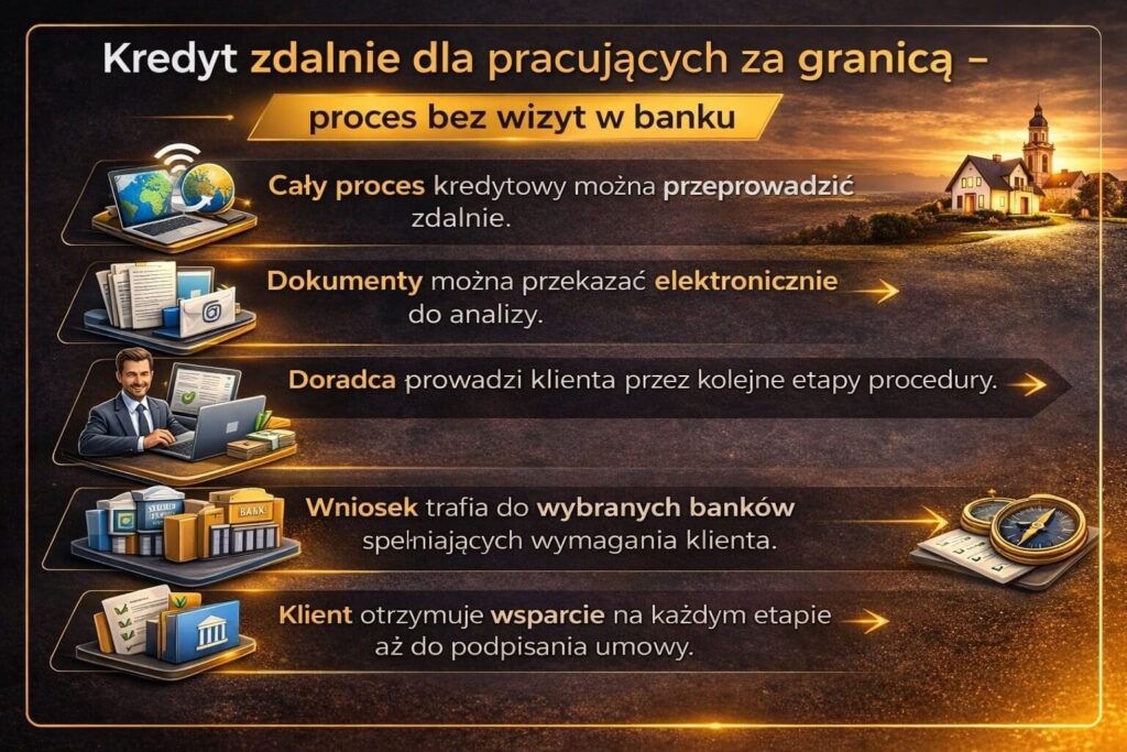 Infografika prezentująca możliwość uzyskania kredytu hipotecznego w Polsce dla osób zatrudnionych za granicą całkowicie zdalnie. Grafika pokazuje przesyłanie dokumentów online, wsparcie doradcy kredytowego oraz wybór najlepszych ofert banków.