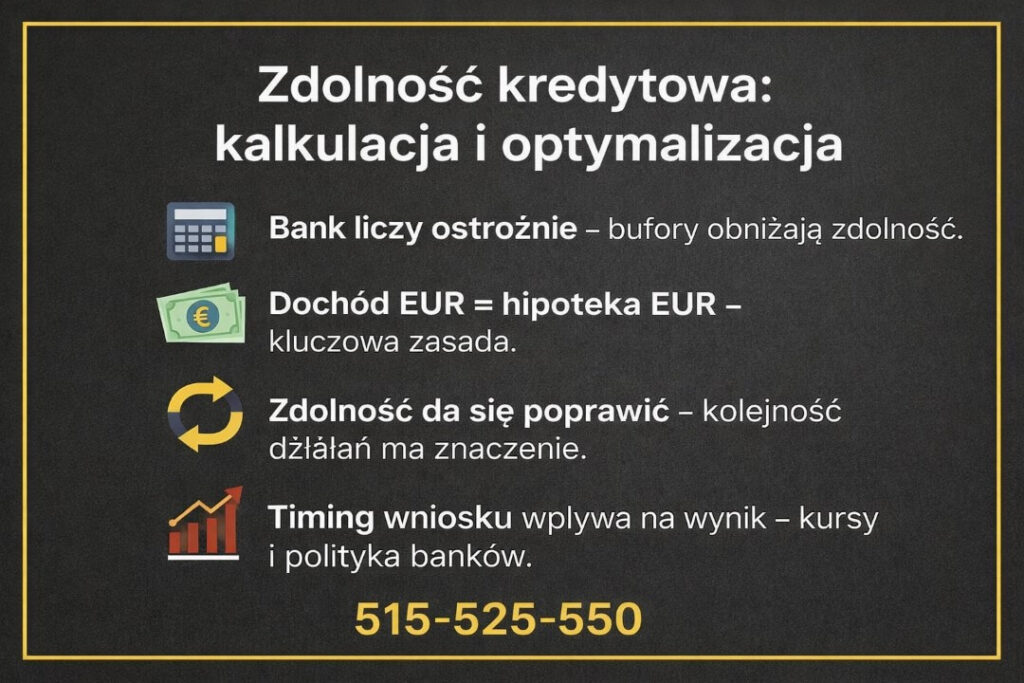 Zdolność kredytowa osób pracujących za granicą - kalkulacja i optymalizacja przy dochodach w EUR. Bank stosuje bufory, dlatego kluczowa jest kolejność działań, moment złożenia wniosku oraz strategia dopasowana do polityki banków.