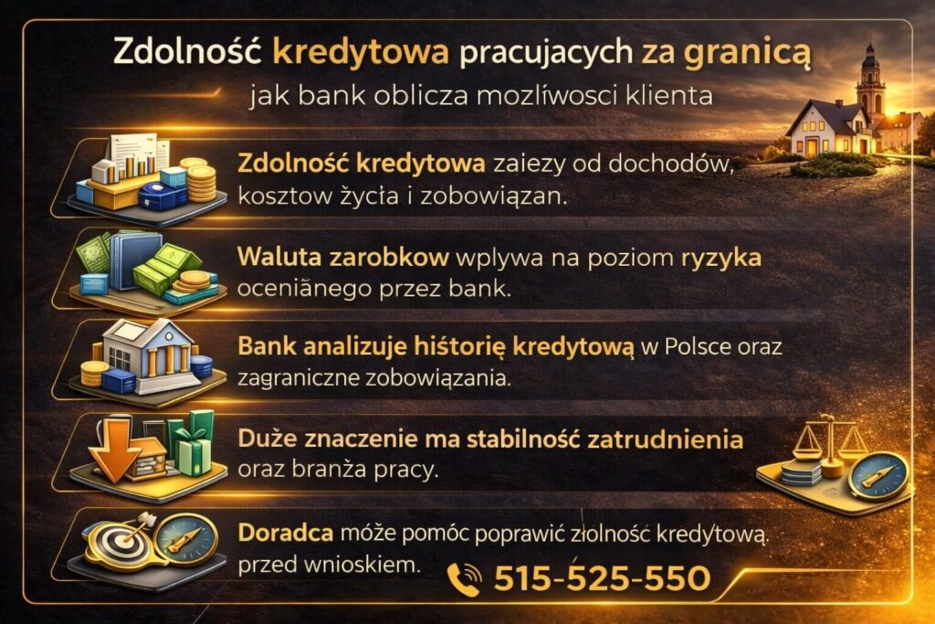 Infografika przedstawiająca, jak banki obliczają zdolność kredytową osób pracujących poza Polską. Grafika pokazuje wpływ waluty dochodów, stabilności zatrudnienia, historii kredytowej oraz poziomu zobowiązań finansowych.