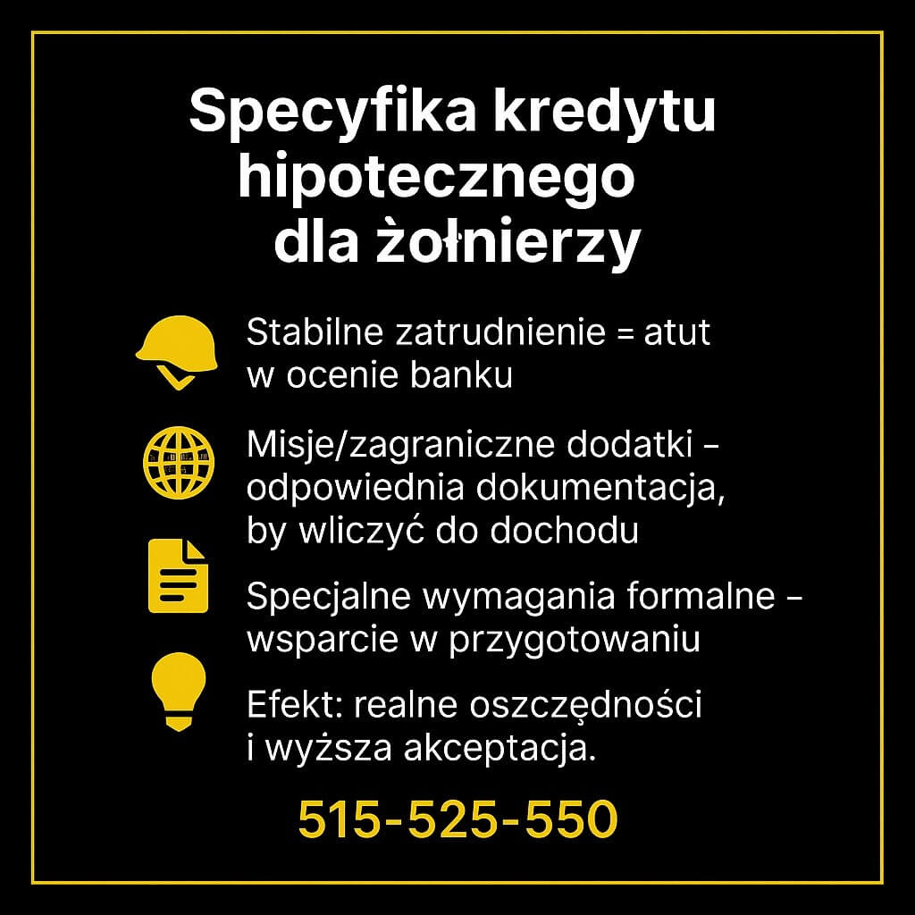 Stabilne zatrudnienie jako atut w banku, możliwość wliczenia misji i dodatków zagranicznych po właściwej dokumentacji, specjalne wymagania formalne z pomocą doradcy, efekt: realne oszczędności i wyższa akceptacja wniosku.