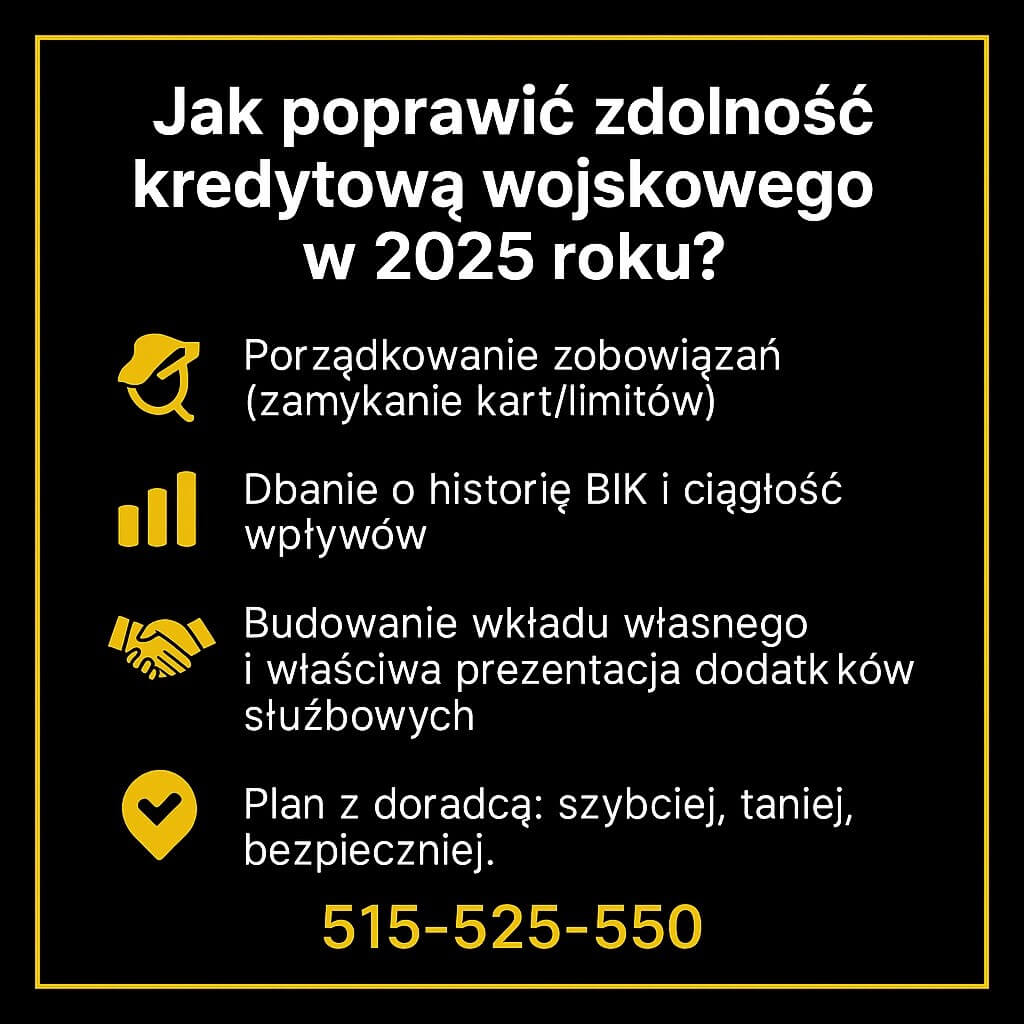kredyt hipoteczny dla wojskowych Żary: porządkowanie zobowiązań (zamykanie kart/limitów), dbałość o historię BIK i ciągłość wpływów, budowanie wkładu i właściwa prezentacja dodatków służbowych, plan z doradcą – szybciej, taniej, bezpieczniej.