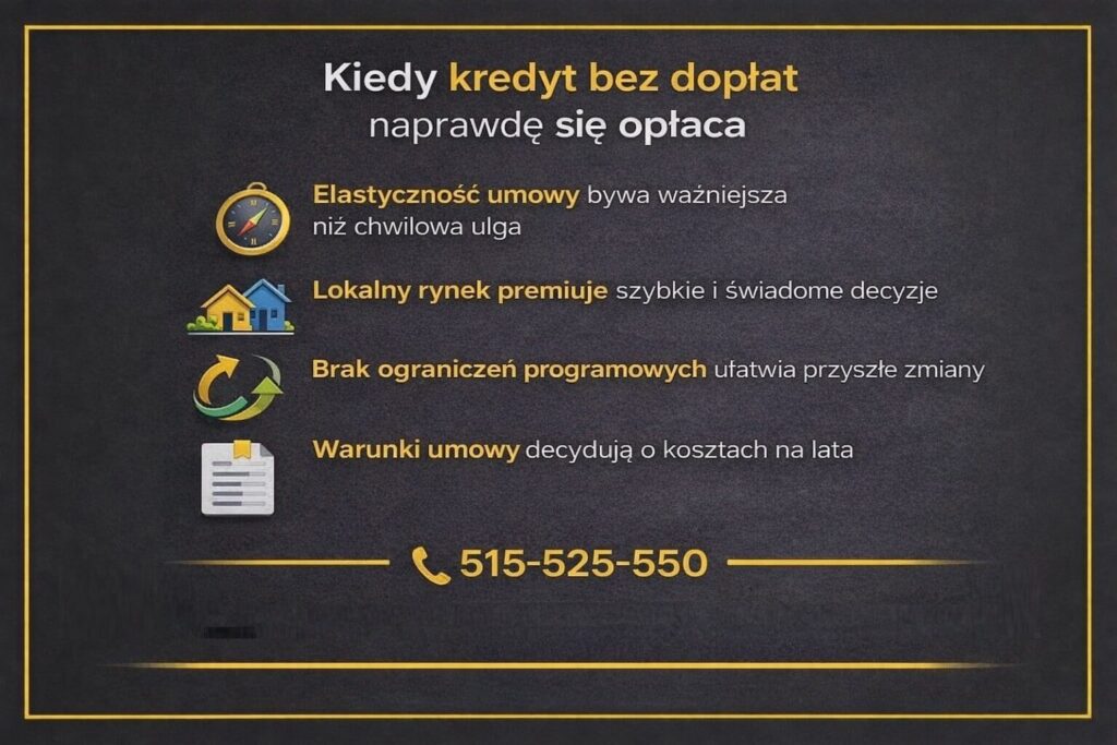 Kredyt na start bez dopłat przedstawiony w formie infografiki wyjaśniającej, kiedy brak dopłat jest korzystniejszy niż programy wsparcia. Grafika pokazuje znaczenie elastyczności umowy, lokalnego rynku nieruchomości oraz warunków kredytu wpływających na koszt finansowania w długim okresie.