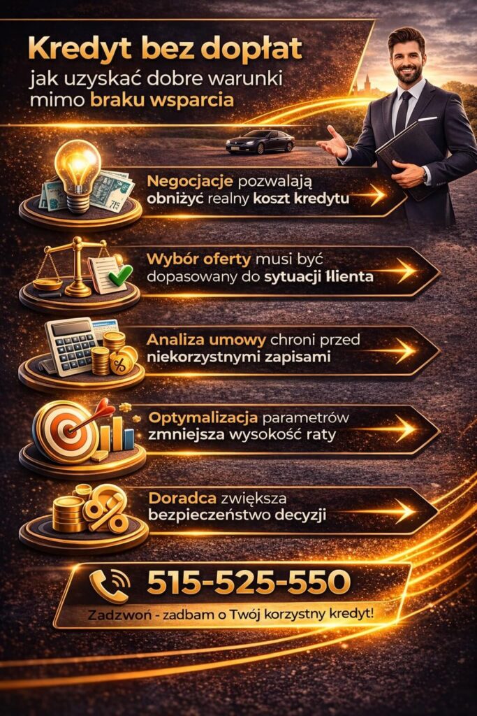 Kredyt na start bez dopłat – grafika pokazuje strategię uzyskania korzystnych warunków finansowania mimo braku programów wsparcia. Doradca kredytowy, analiza oferty, negocjacje i optymalizacja parametrów kredytu pomagają obniżyć koszt zobowiązania.