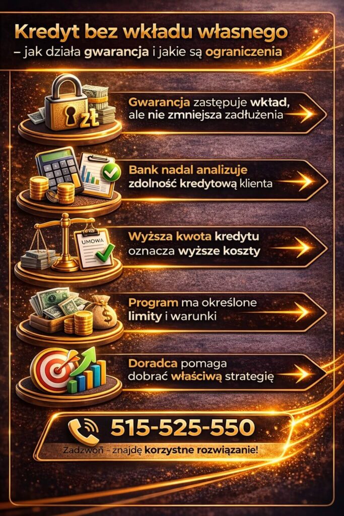 Kredyt na start bez wkładu własnego – grafika wyjaśnia działanie gwarancji i ograniczenia programu. Pokazuje, że bank nadal analizuje zdolność kredytową, a wyższa kwota finansowania oznacza większe koszty kredytu hipotecznego.