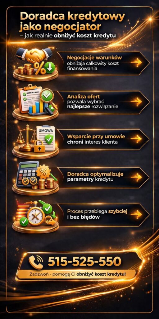 Kredyt hipoteczny na start – doradca jako negocjator warunków finansowania. Grafika pokazuje, jak negocjacje obniżają koszt kredytu, a analiza ofert i wsparcie przy umowie zwiększają bezpieczeństwo i skuteczność całego procesu.