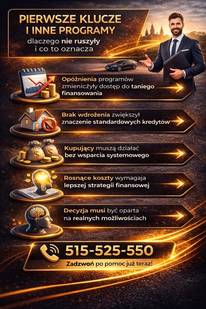 Programy wsparcia kredytu na start – pierwsze klucze i ich wpływ na rynek. Grafika pokazuje opóźnienia wdrożenia, rosnące koszty oraz konieczność podejmowania decyzji kredytowych bez systemowego wsparcia państwa.
