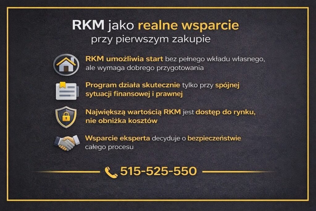 Kredyt na start w kontekście Rodzinnego Kredytu Mieszkaniowego pokazany jako narzędzie umożliwiające zakup pierwszej nieruchomości. Grafika wyjaśnia, że RKM daje dostęp do rynku, ale wymaga stabilnej sytuacji finansowej, analizy umów i wsparcia eksperta.