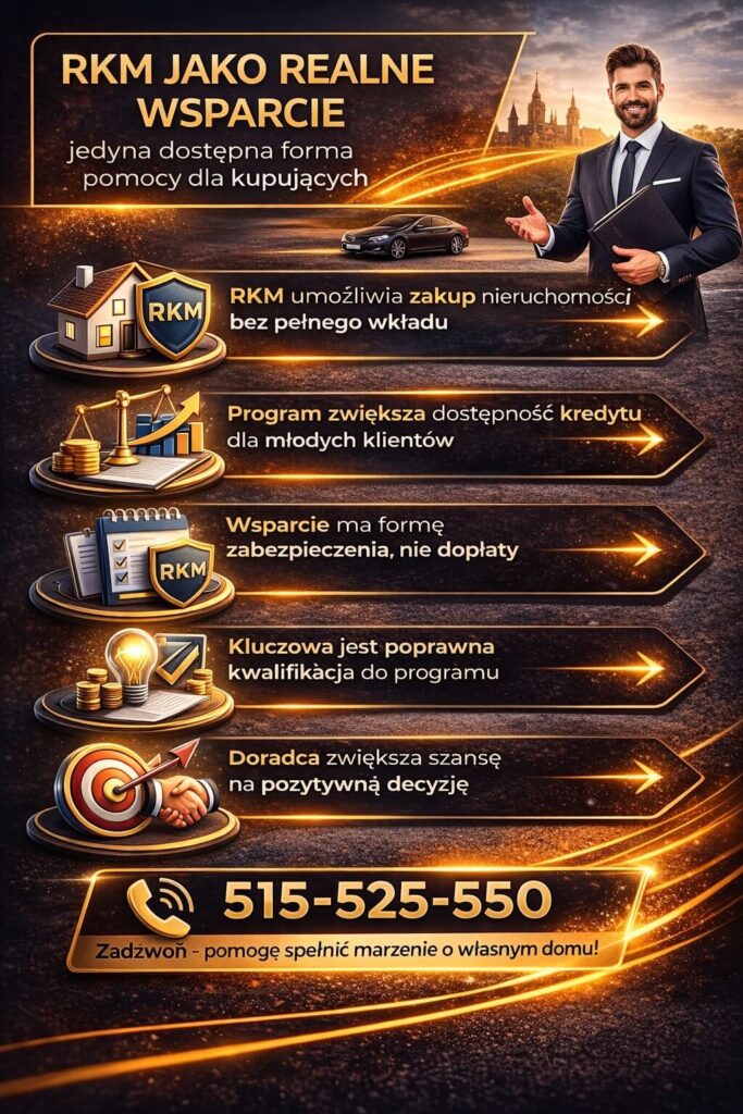 Rodzinny kredyt mieszkaniowy jako wsparcie przy starcie – grafika pokazuje możliwość zakupu nieruchomości bez wkładu własnego. Wyjaśnia zasady programu, rolę doradcy i znaczenie prawidłowej kwalifikacji kredytowej.