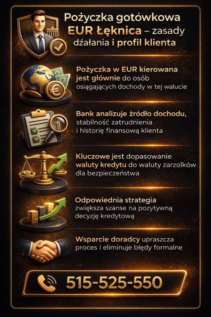 Pożyczka gotówkowa EUR Łęknica – zasady działania kredytu dla osób zarabiających w euro, analiza zdolności kredytowej, dopasowanie waluty do dochodu oraz wsparcie doradcy finansowego zwiększające szanse na pozytywną decyzję kredytową i lepsze warunki umowy