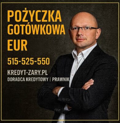 Pożyczka gotówkowa EUR – doradca kredytowy i prawnik prezentuje ofertę finansowania dla osób pracujących za granicą, zapewniając analizę zdolności, wsparcie formalne oraz pełne bezpieczeństwo procesu. Na grafice widoczny jest numer telefonu 515-525-550 i adres Kredyt-Zary.pl.