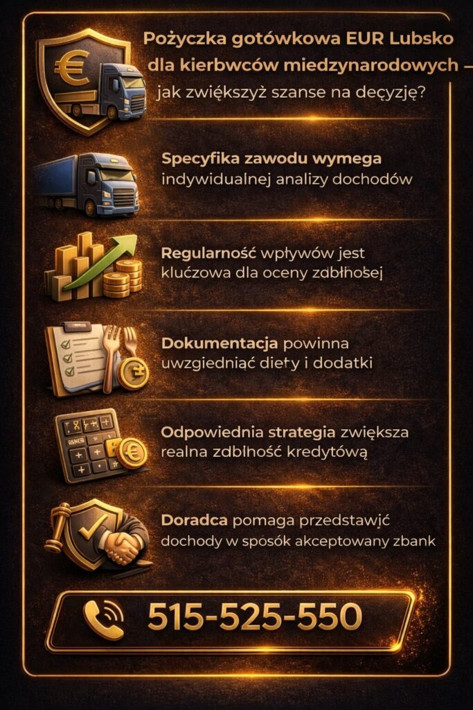 Pozyczka gotowkowa EUR Lubsko dla kierowców międzynarodowych – infografika prezentuje znaczenie regularnych wpływów, odpowiedniej dokumentacji oraz strategii zwiększającej zdolność kredytową i szanse na pozytywną decyzję