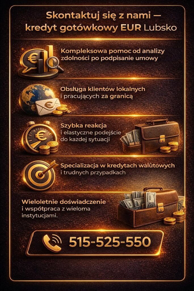 Kredyt EUR dla klientów z Lubska – kontakt z doradcą kredytowym oferującym kompleksową pomoc od analizy zdolności po podpisanie umowy, obsługę klientów pracujących za granicą oraz wsparcie w trudnych przypadkach finansowych