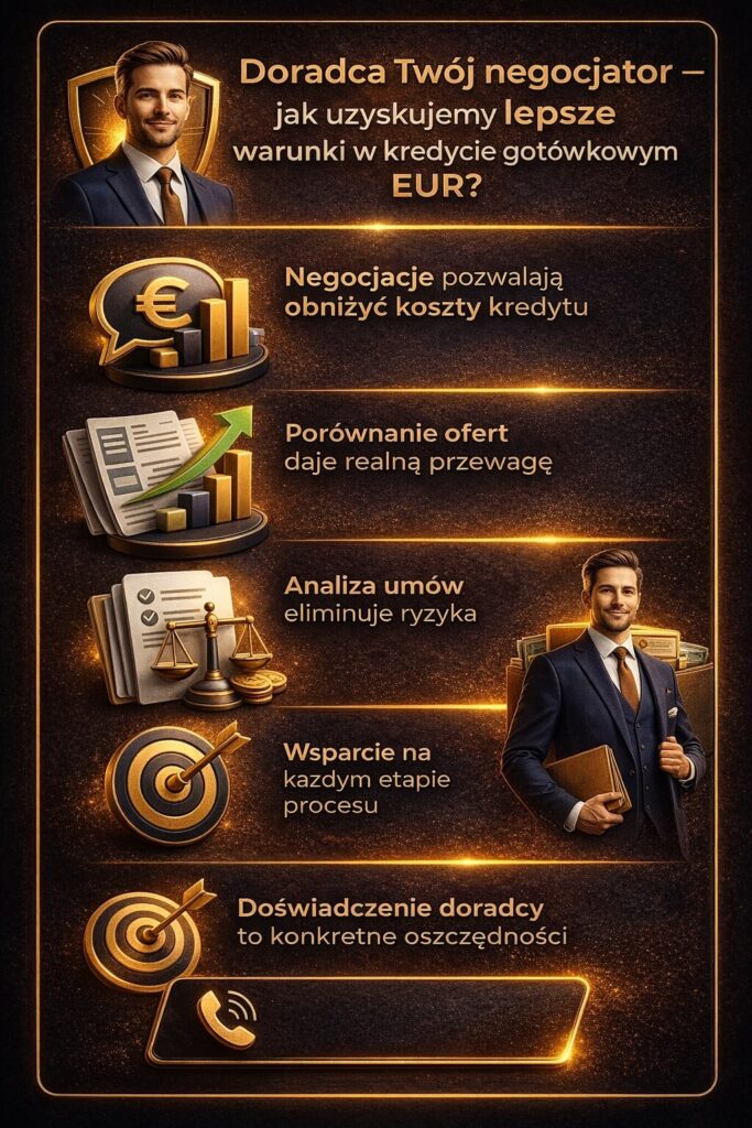 Kredyt gotówkowy w euro Lubsko z pomocą doradcy – infografika przedstawia negocjacje warunków, porównanie ofert, analizę umów oraz wsparcie eksperta, które pozwala obniżyć koszty i uzyskać korzystniejsze finansowanie