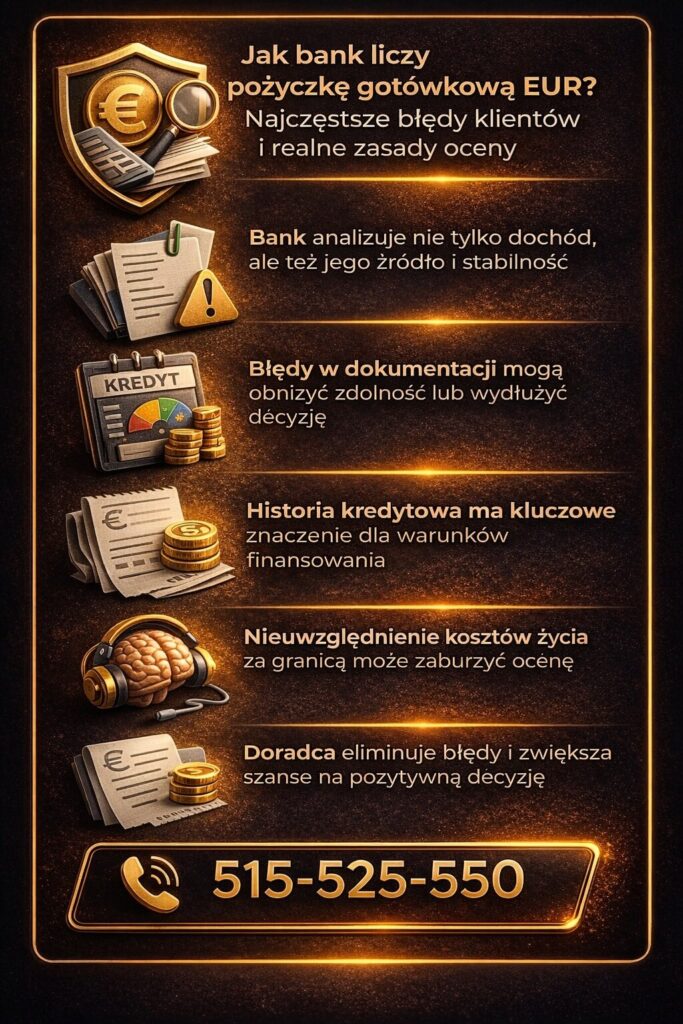 Pozyczka gotowkowa EUR Lubsko w analizie bankowej – infografika prezentuje sposób oceny dochodu, znaczenie historii kredytowej oraz błędy w dokumentacji, które mogą wpłynąć na decyzję kredytową i końcową zdolność klienta