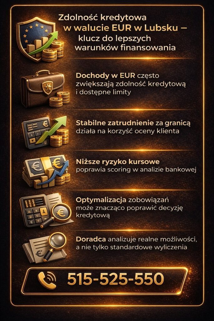 Pozyczka gotowkowa EUR Lubsko i zdolność kredytowa w walucie euro – grafika pokazuje wpływ dochodów zagranicznych, stabilnego zatrudnienia oraz optymalizacji zobowiązań na wyższą ocenę klienta i lepsze warunki finansowania kredytu