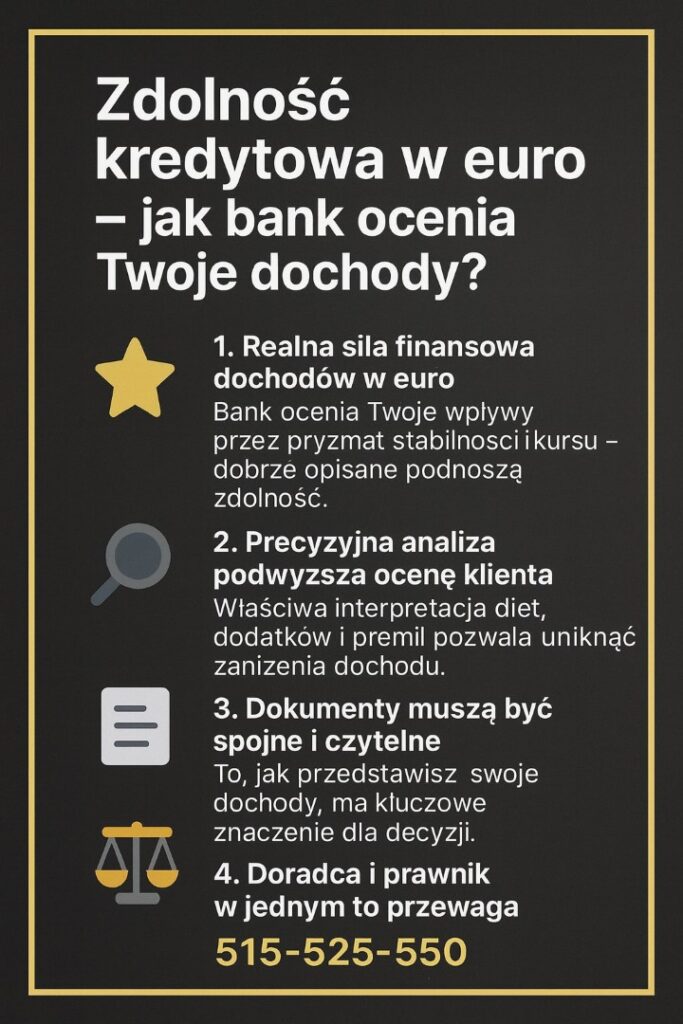 Grafika wyjaśniająca, jak oceniana jest zdolność przy pożyczka gotówkowa EUR Żary, pokazująca cztery kluczowe elementy: realną siłę dochodów w euro, precyzyjną analizę dodatków, znaczenie spójnych dokumentów oraz rolę doradcy i prawnika w uzyskaniu korzystnej decyzji.