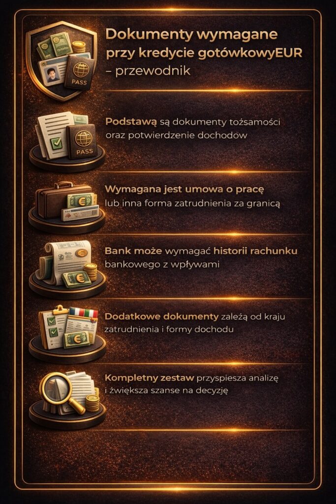 Pożyczka gotówkowa EUR Żary – wymagane dokumenty obejmujące tożsamość, potwierdzenie dochodów oraz historię rachunku bankowego. Grafika pokazuje, jakie formalności są potrzebne przy kredycie w euro i jak odpowiednie przygotowanie przyspiesza decyzję banku.