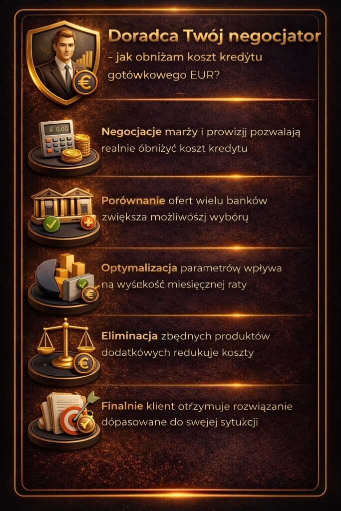 Pożyczka w euro Żary – doradca jako negocjator warunków kredytu, obniżający marże i prowizje. Grafika pokazuje znaczenie porównania ofert wielu banków, optymalizacji parametrów oraz eliminacji zbędnych kosztów w celu uzyskania korzystniejszej raty.