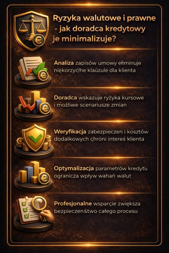 Pożyczka gotówkowa EUR Żary – ryzyka walutowe i prawne oraz sposoby ich minimalizacji przez doradcę kredytowego. Grafika prezentuje analizę umowy, optymalizację parametrów kredytu i eliminację niekorzystnych zapisów, które mogą zwiększać koszty zobowiązania.
