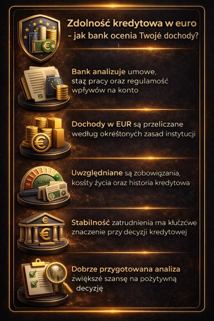 Pożyczka gotówkowa EUR Żary – zdolność kredytowa w euro analizowana przez banki na podstawie dochodów, historii finansowej i stabilności zatrudnienia. Grafika prezentuje kluczowe czynniki wpływające na decyzję kredytową oraz zwiększenie szans na pozytywną ocenę.