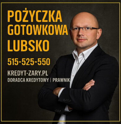 Profesjonalna grafika przedstawiająca doradcę kredytowego i prawnika oferującego pożyczkę gotówkową w Lubsku. Elegancka kompozycja, złota ramka, wyraźny numer telefonu oraz nazwa lokalnej strony kredytowej umożliwiającej kontakt z ekspertem finansowym.