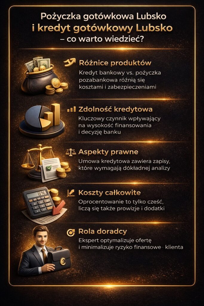 Pozyczka gotowkowa Lubsko przedstawiona w formie infografiki wyjaśniającej różnice między kredytem bankowym a pożyczką oraz znaczenie zdolności kredytowej, kosztów i roli doradcy, który pomaga wybrać najlepsze i bezpieczne rozwiązanie finansowe dopasowane do klienta