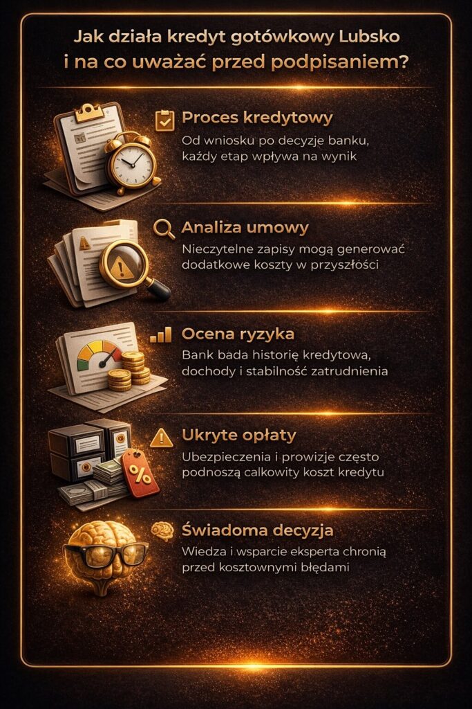 Pozyczka gotowkowa Lubsko w praktyce pokazana jako proces kredytowy od wniosku po decyzję banku, z uwzględnieniem analizy umowy, oceny ryzyka i ukrytych kosztów, gdzie wsparcie doradcy pomaga podjąć świadomą i bezpieczną decyzję finansową