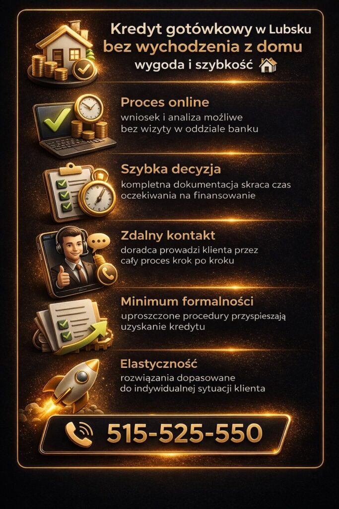 Pozyczka gotowkowa Lubsko dostępna online bez wychodzenia z domu, z szybkim procesem wnioskowania, zdalnym kontaktem z doradcą, minimalną liczbą formalności oraz elastycznym dopasowaniem oferty do potrzeb klienta i jego aktualnej sytuacji finansowej