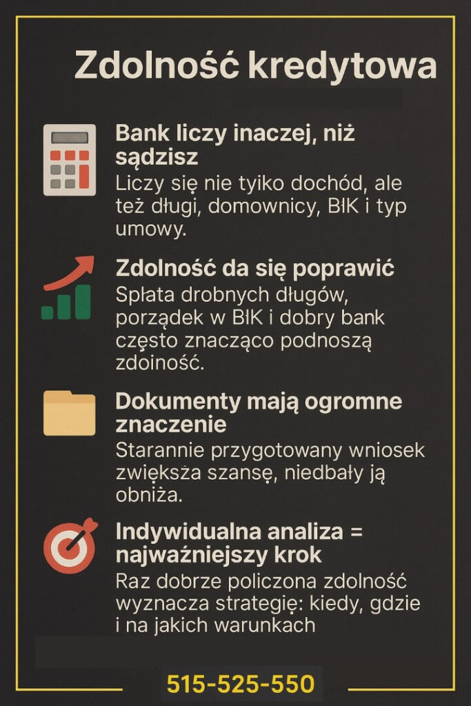 Infografika przedstawiająca kluczowe elementy wpływające na pożyczkę gotówkową Lubsko. Pokazano cztery obszary: sposób liczenia zdolności przez bank, możliwości jej poprawy, znaczenie dokumentów oraz rolę indywidualnej analizy. Całość w eleganckiej, czytelnej formie.