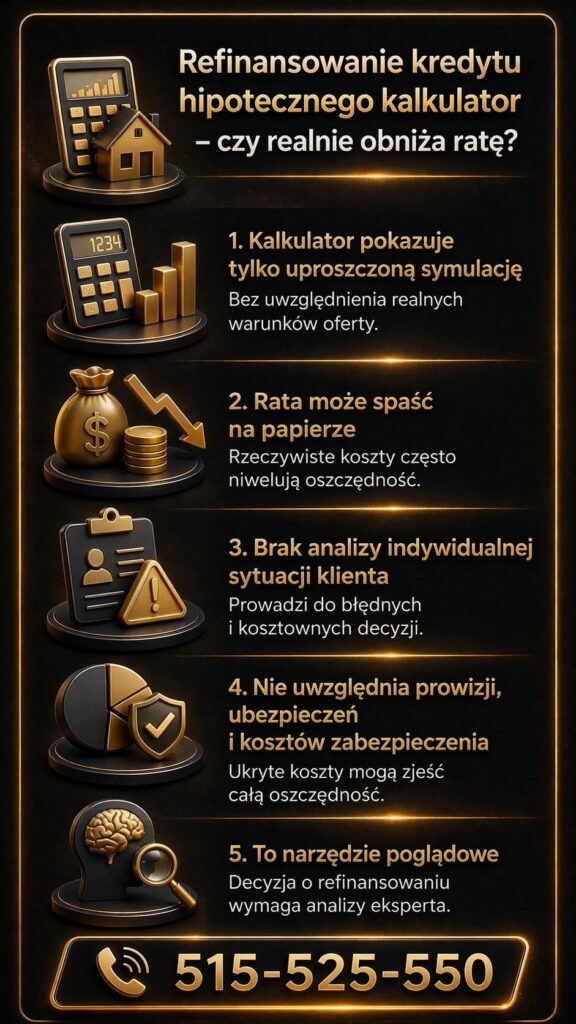 Refinansowanie kredytu hipotecznego kalkulator przedstawione jako narzędzie porównawcze pokazujące symulację rat i kosztów kredytu. Grafika podkreśla ograniczenia kalkulatora oraz potrzebę analizy eksperta przy wyborze najlepszej oferty refinansowania.