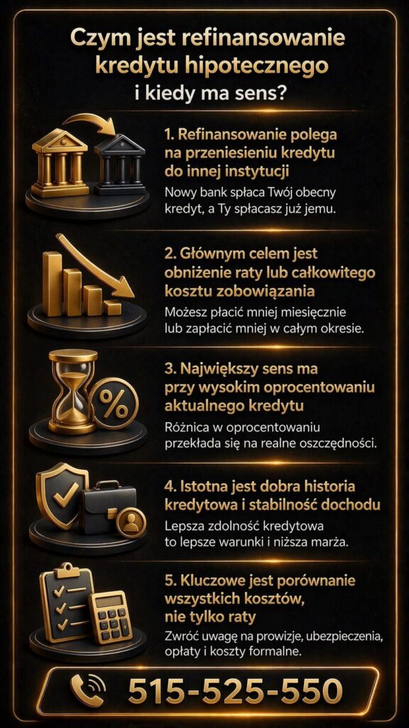 Refinansowanie kredytu hipotecznego kalkulator wyjaśnia proces przeniesienia zobowiązania do innego banku i obniżenia raty. Grafika pokazuje mechanizm działania oraz wskazuje, kiedy taka decyzja ma sens finansowy i przynosi realne oszczędności.