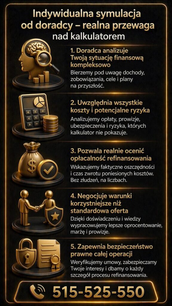 Refinansowanie kredytu hipotecznego kalkulator zestawione z analizą doradcy pokazuje przewagę indywidualnego podejścia. Grafika podkreśla znaczenie kompleksowej oceny finansowej, kosztów i negocjacji warunków kredytu hipotecznego.