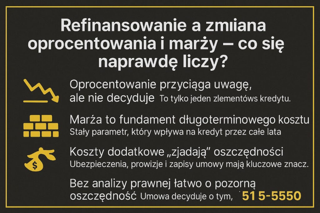 Refinansowanie kredytu hipotecznego kalkulator 2026 – grafika wyjaśniająca różnice między oprocentowaniem a marżą kredytu. Oprocentowanie przyciąga uwagę, ale marża i koszty dodatkowe decydują o całkowitym koszcie. Bez analizy prawnej łatwo o pozorną oszczędność.