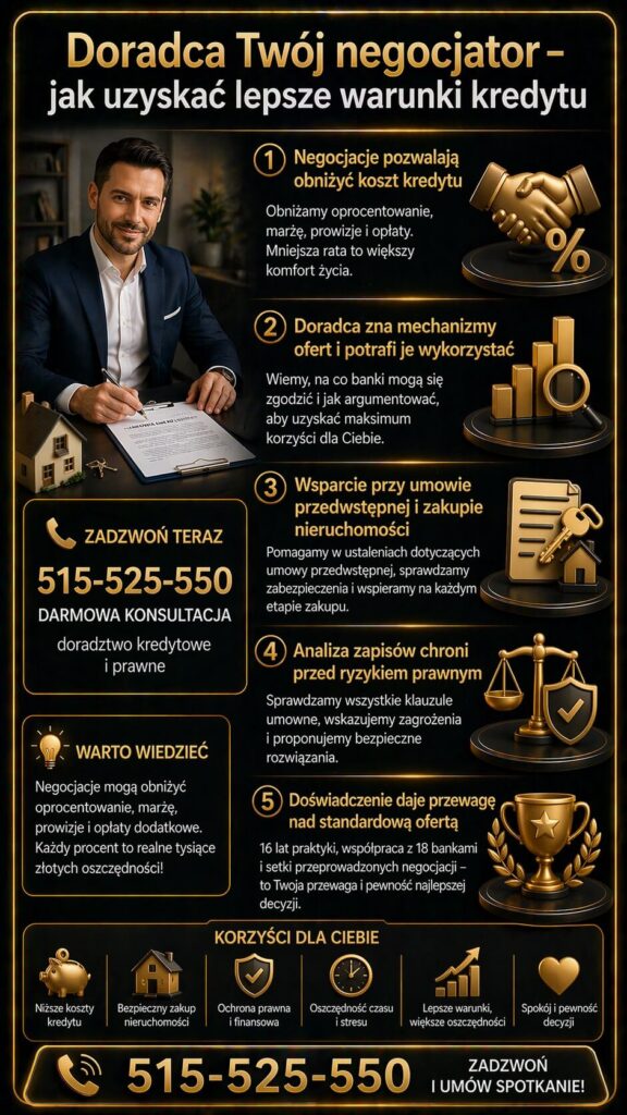 Kalkulator przy refinansowaniu kredytu hipotecznego nie uwzględnia negocjacji, które mogą obniżyć koszty. Grafika prezentuje rolę doradcy jako negocjatora warunków kredytu, marży oraz dodatkowych opłat bankowych.