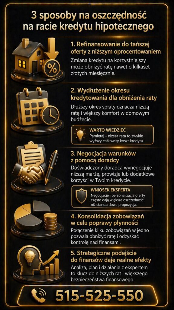 Kalkulator kredytu hipotecznego refinansowanie pokazuje sposoby obniżenia raty poprzez zmianę oferty, wydłużenie okresu spłaty i negocjacje. Grafika podkreśla znaczenie strategii finansowej oraz współpracy z doradcą kredytowym.